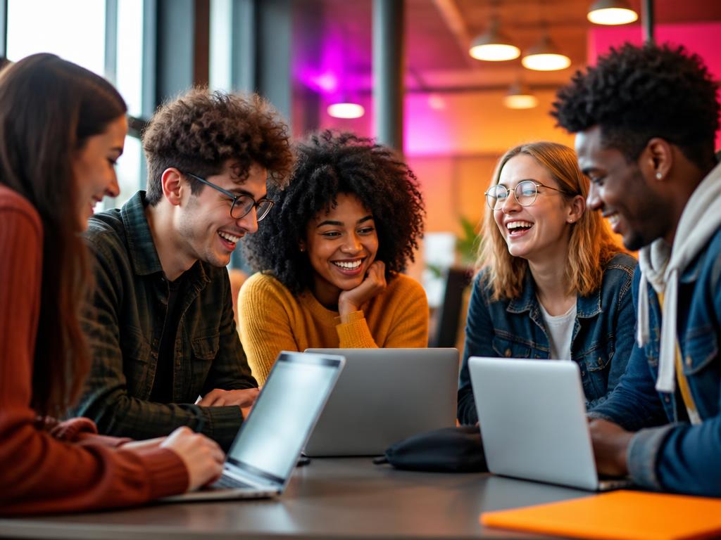 Aprende inglés con BrainAwake Academy: vocabulario, audio y ejercicios interactivos Estudiantes alegres aprendiendo inglés juntos con laptops en un espacio de estudio moderno